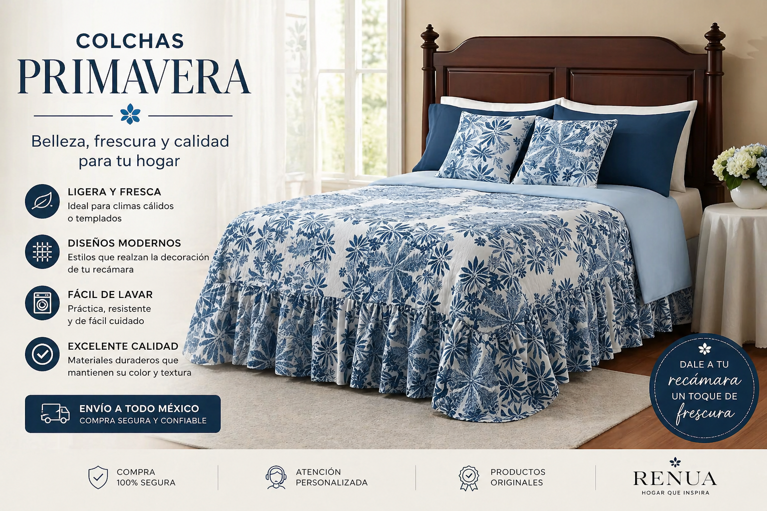 Colcha Primavera matrimonial azul con diseño floral en cama elegante en recámara iluminada