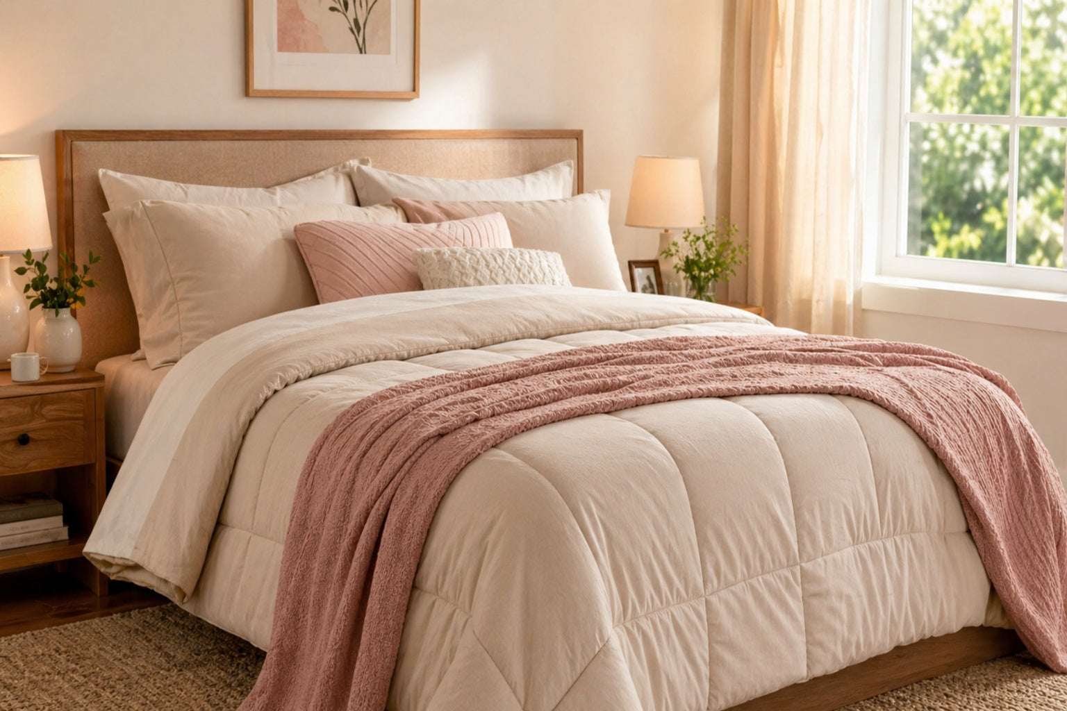 Edredón matrimonial beige con manta rosa sobre cama elegante en recámara luminosa con luz natural